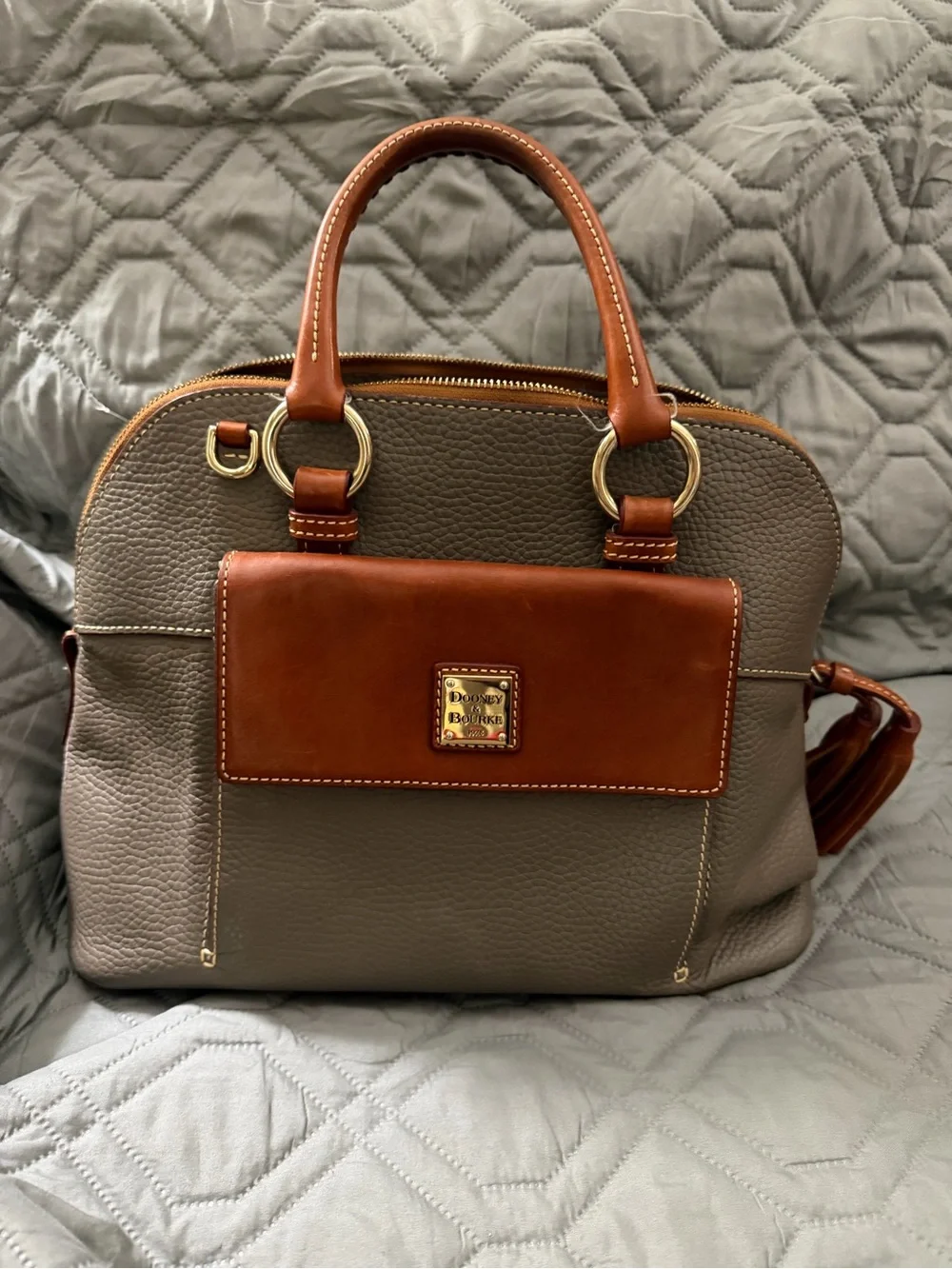 Dooney & Bourke Taupe Pebbled Leather Satchel with Brown Trim